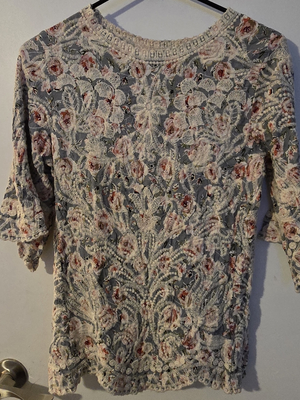 Solitaire Floral Crochet Lace Sweater - Light Blue & Cream with Pink Accents